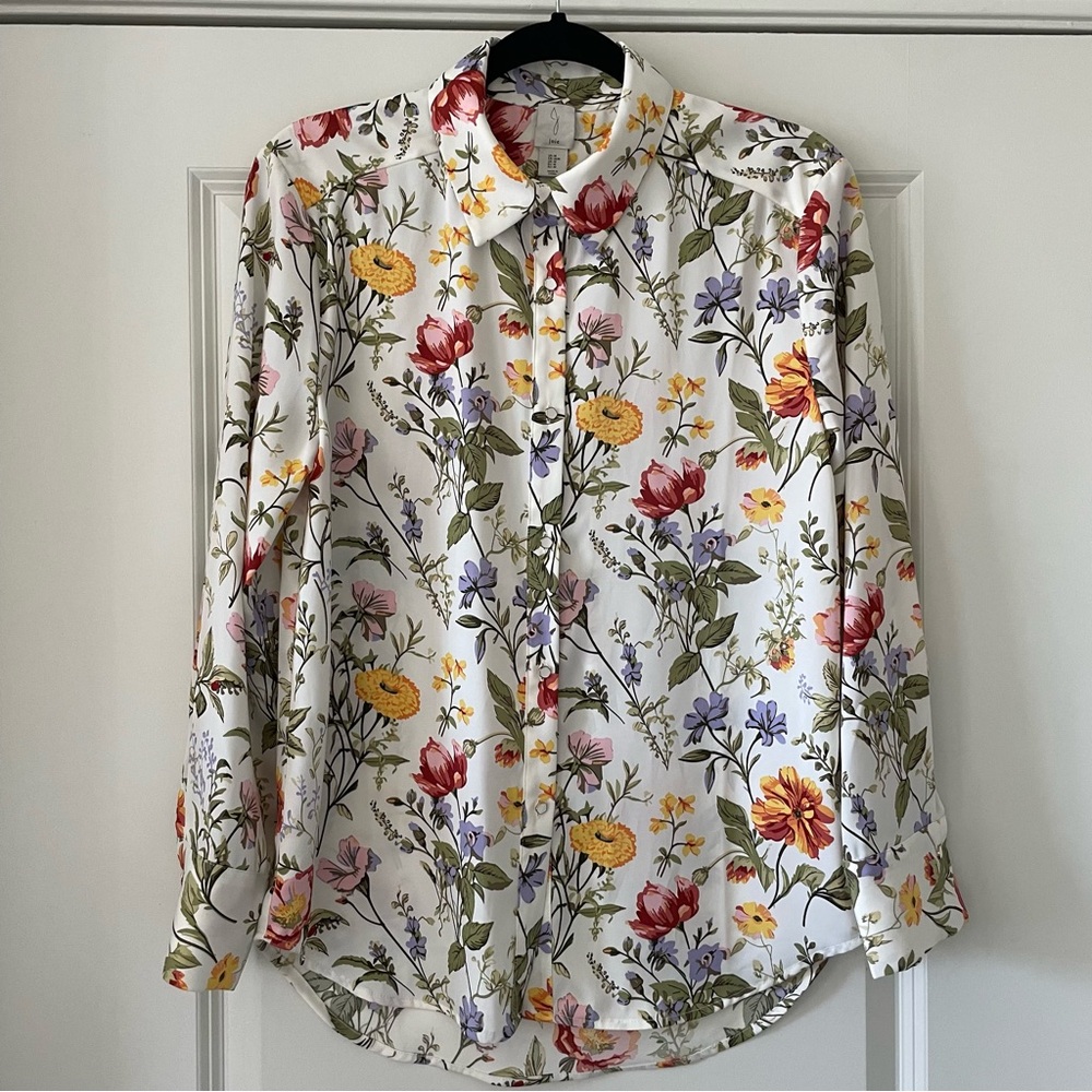 Floral Print Long-Sleeve Button-Up Shirt - White Multi